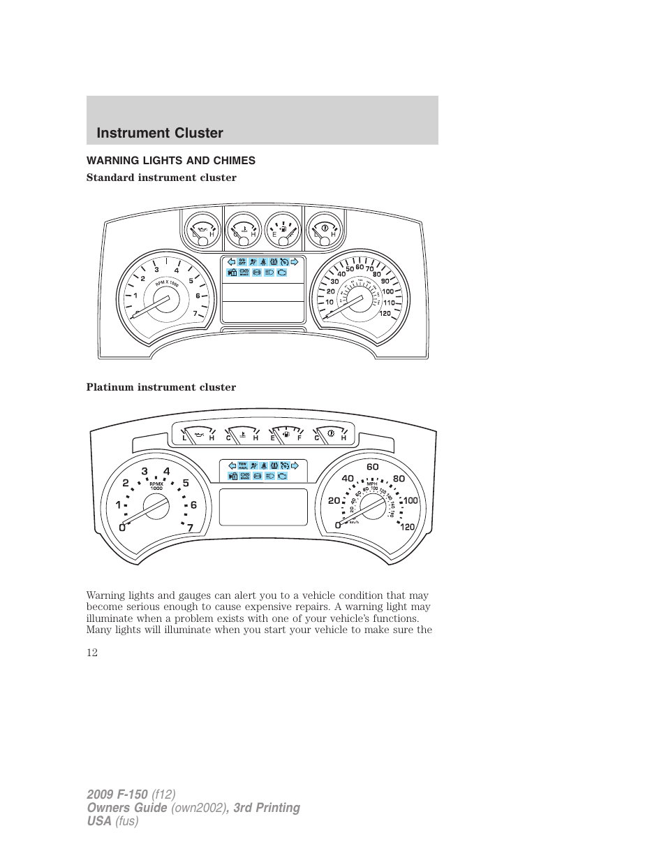 Instrument cluster, Warning lights and chimes | FORD 2009 F-150 v.3 User Manual | Page 12 / 409