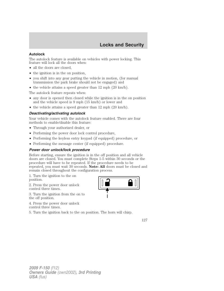 Autolock, Deactivating/activating autolock, Power door unlock/lock procedure | Locks and security | FORD 2009 F-150 v.3 User Manual | Page 127 / 409