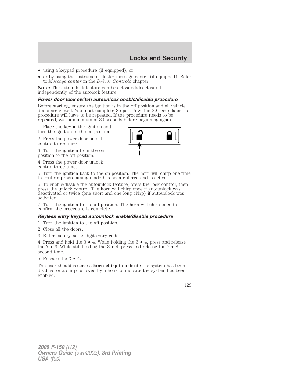 Locks and security | FORD 2009 F-150 v.3 User Manual | Page 129 / 409