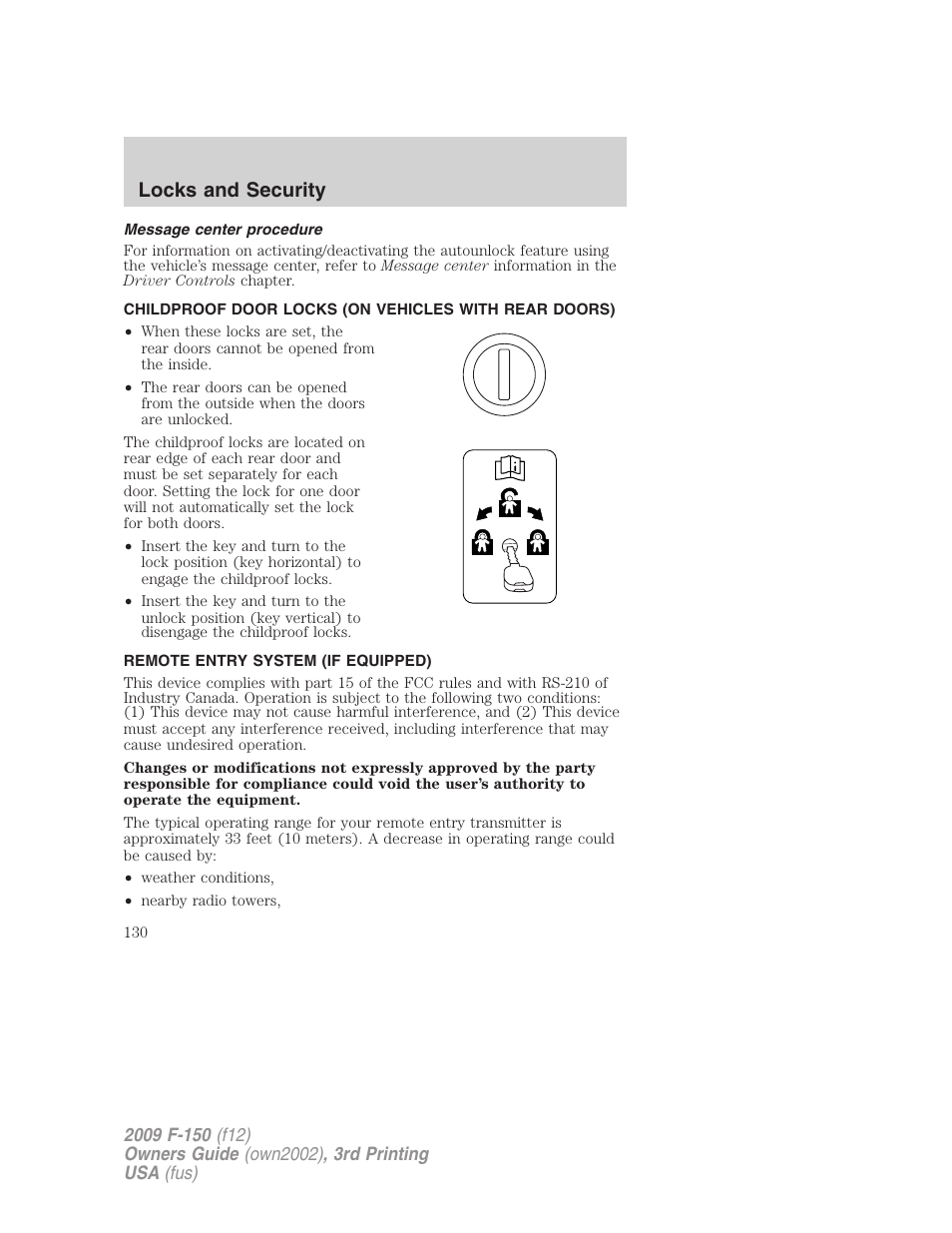 Message center procedure, Remote entry system (if equipped), Locks and security | FORD 2009 F-150 v.3 User Manual | Page 130 / 409