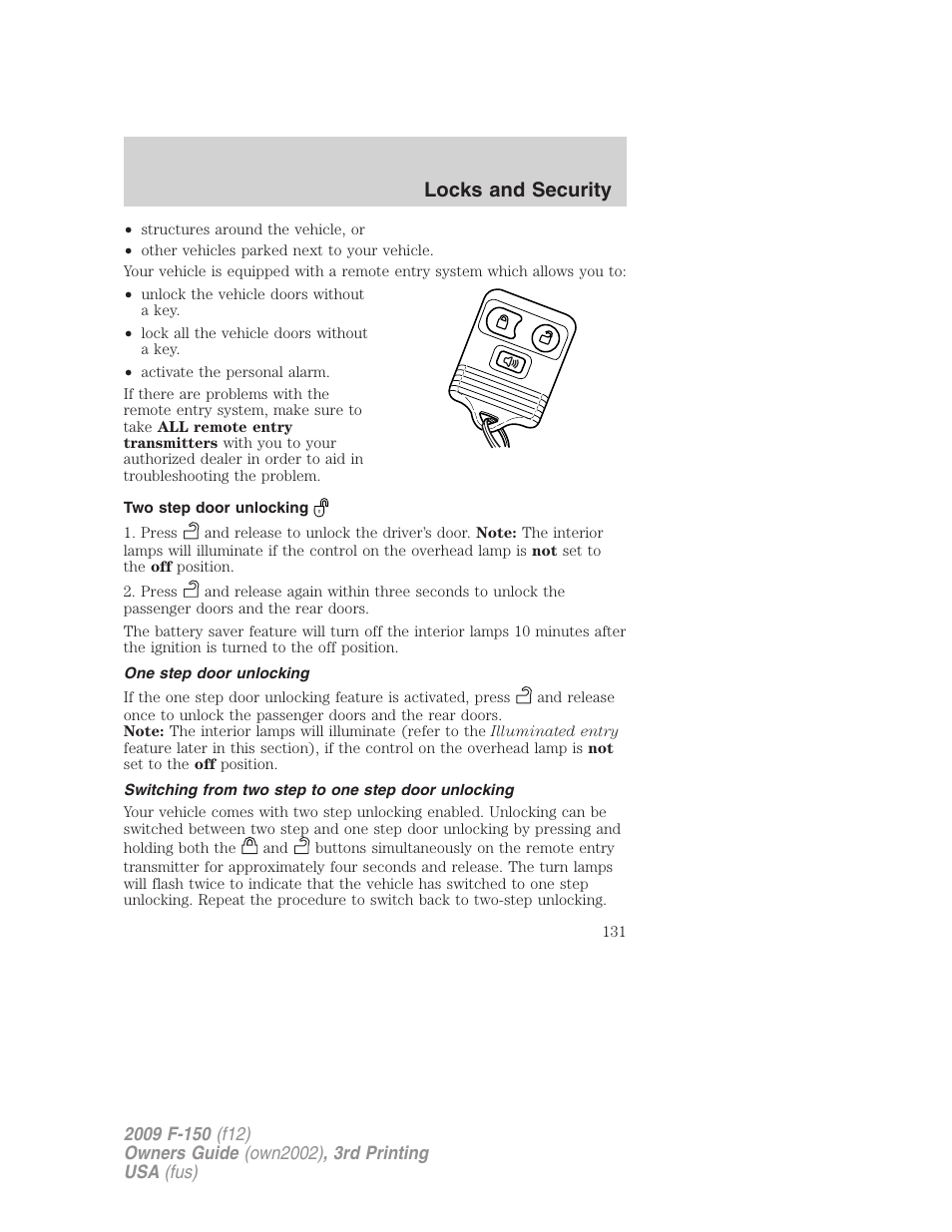 Two step door unlocking, One step door unlocking, Switching from two step to one step door unlocking | Locks and security | FORD 2009 F-150 v.3 User Manual | Page 131 / 409