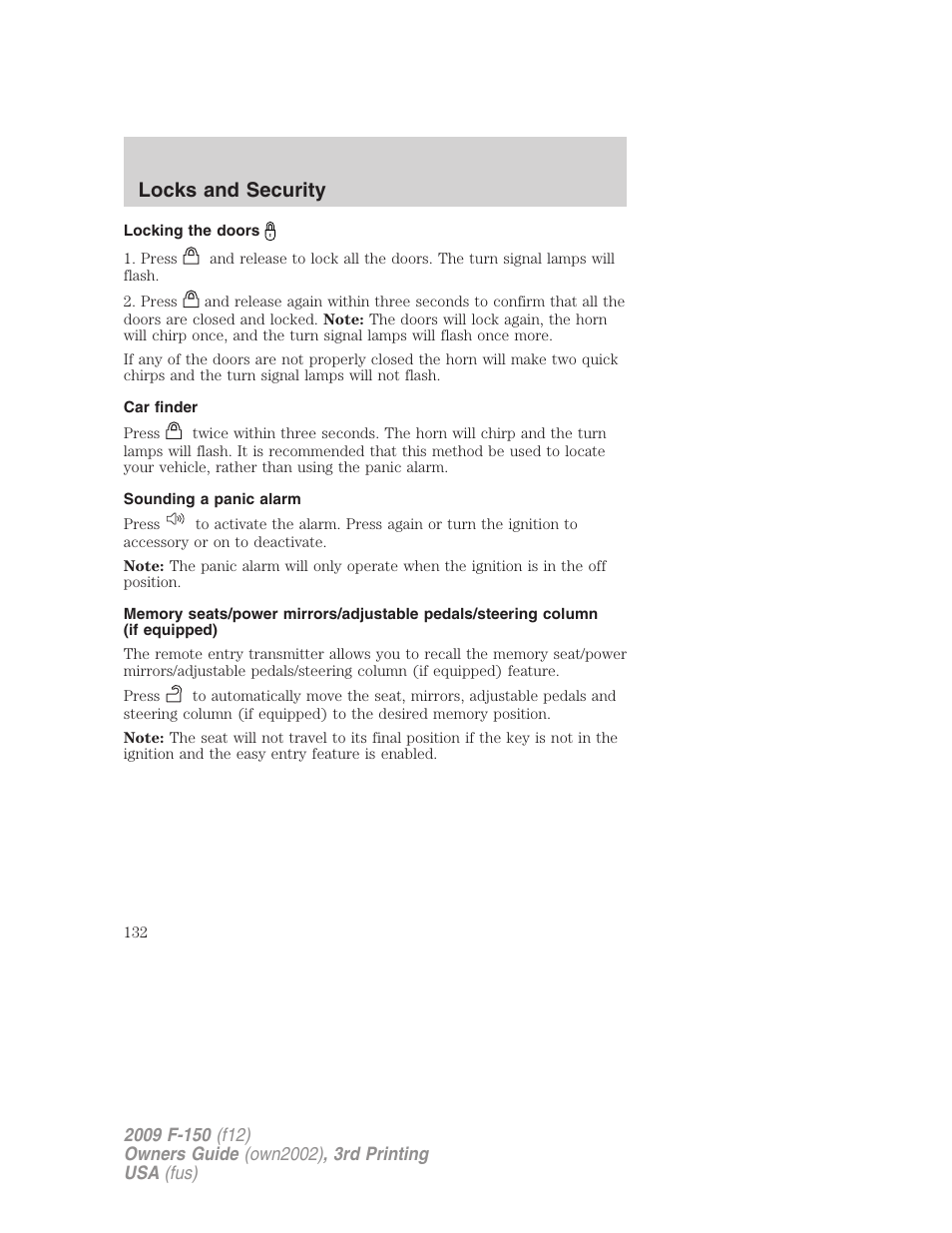 Locking the doors, Car finder, Sounding a panic alarm | Locks and security | FORD 2009 F-150 v.3 User Manual | Page 132 / 409