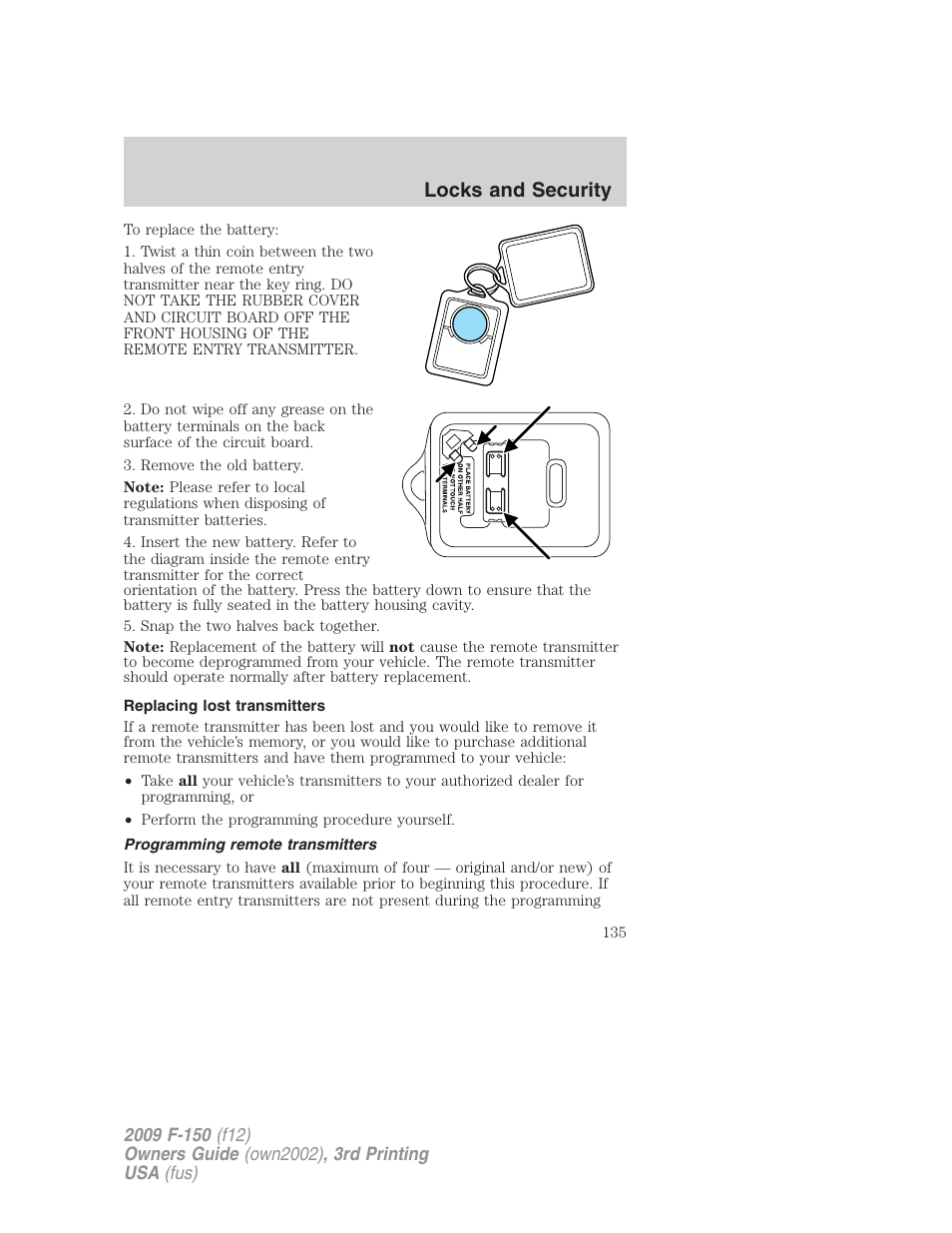 Replacing lost transmitters, Programming remote transmitters, Locks and security | FORD 2009 F-150 v.3 User Manual | Page 135 / 409