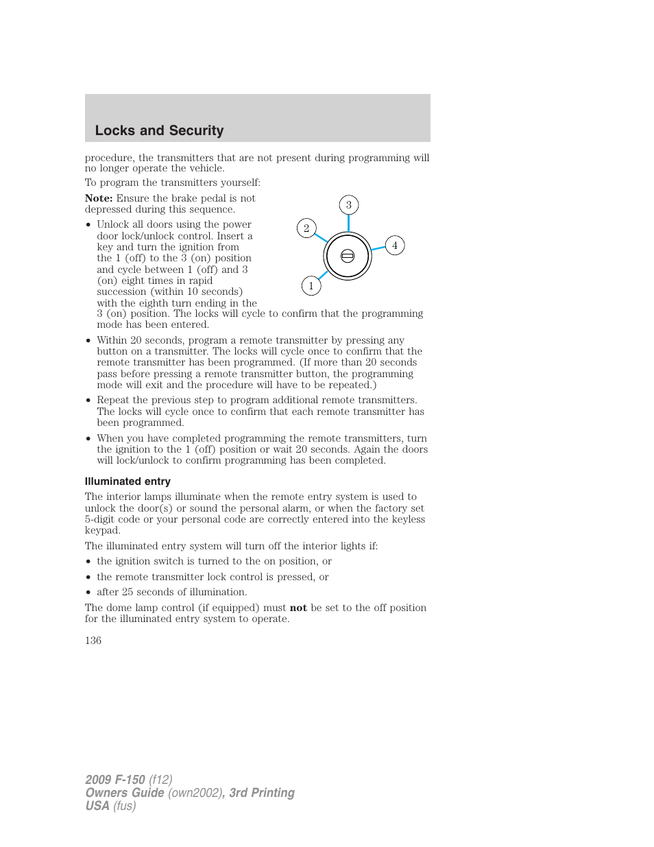 Illuminated entry, Locks and security | FORD 2009 F-150 v.3 User Manual | Page 136 / 409