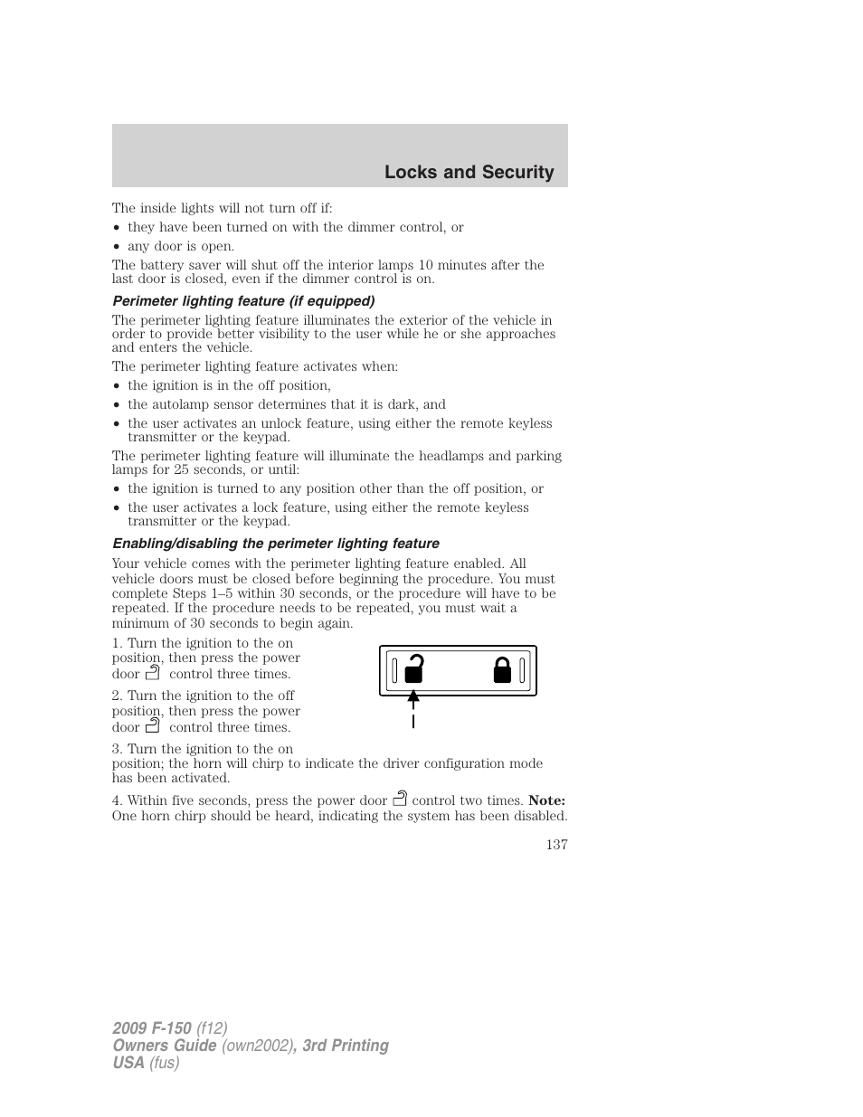 Perimeter lighting feature (if equipped), Enabling/disabling the perimeter lighting feature, Locks and security | FORD 2009 F-150 v.3 User Manual | Page 137 / 409