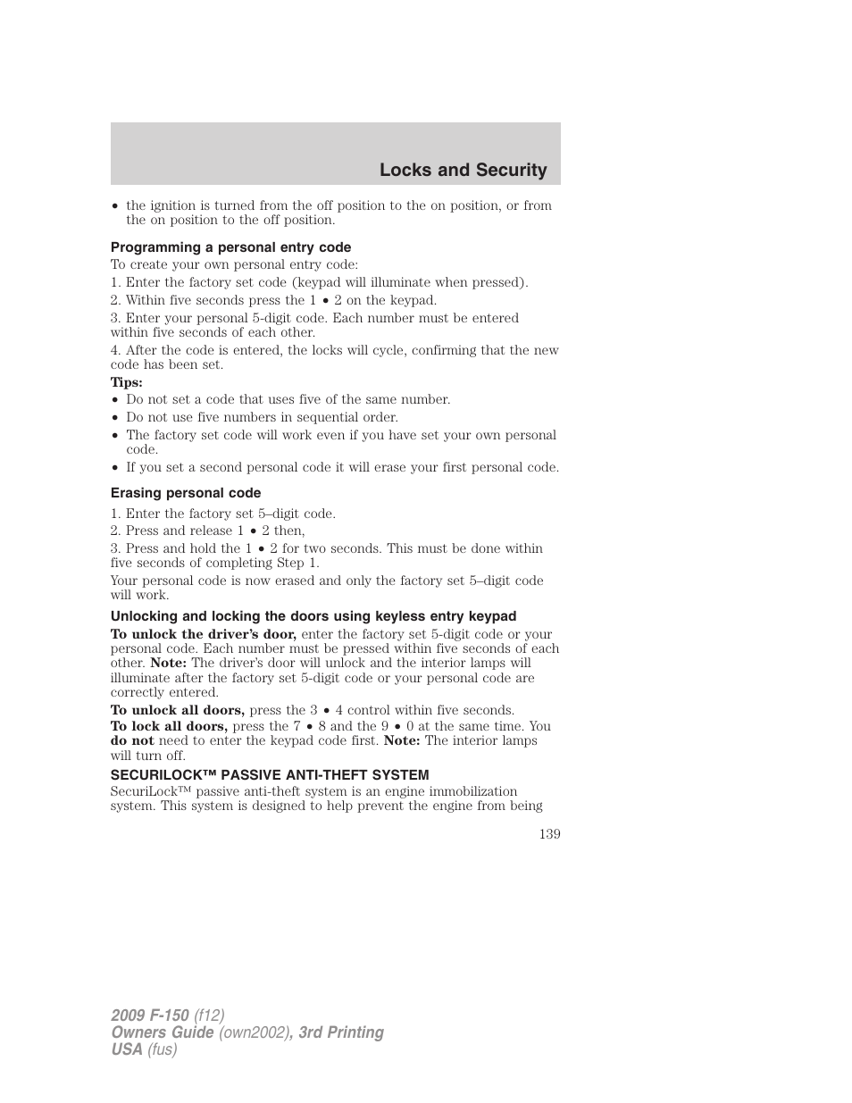 Programming a personal entry code, Erasing personal code, Securilock™ passive anti-theft system | Anti-theft system, Locks and security | FORD 2009 F-150 v.3 User Manual | Page 139 / 409