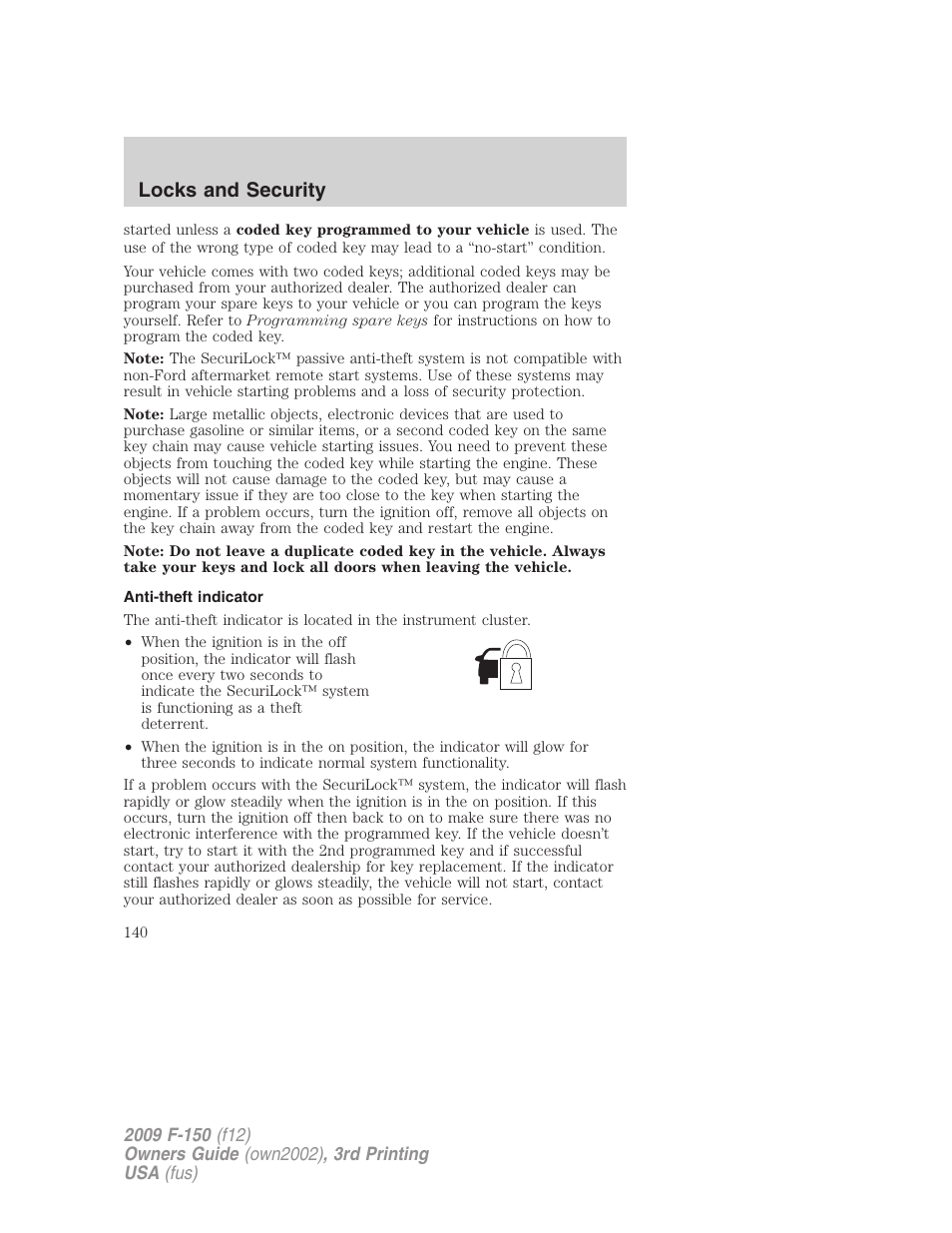 Anti-theft indicator, Locks and security | FORD 2009 F-150 v.3 User Manual | Page 140 / 409