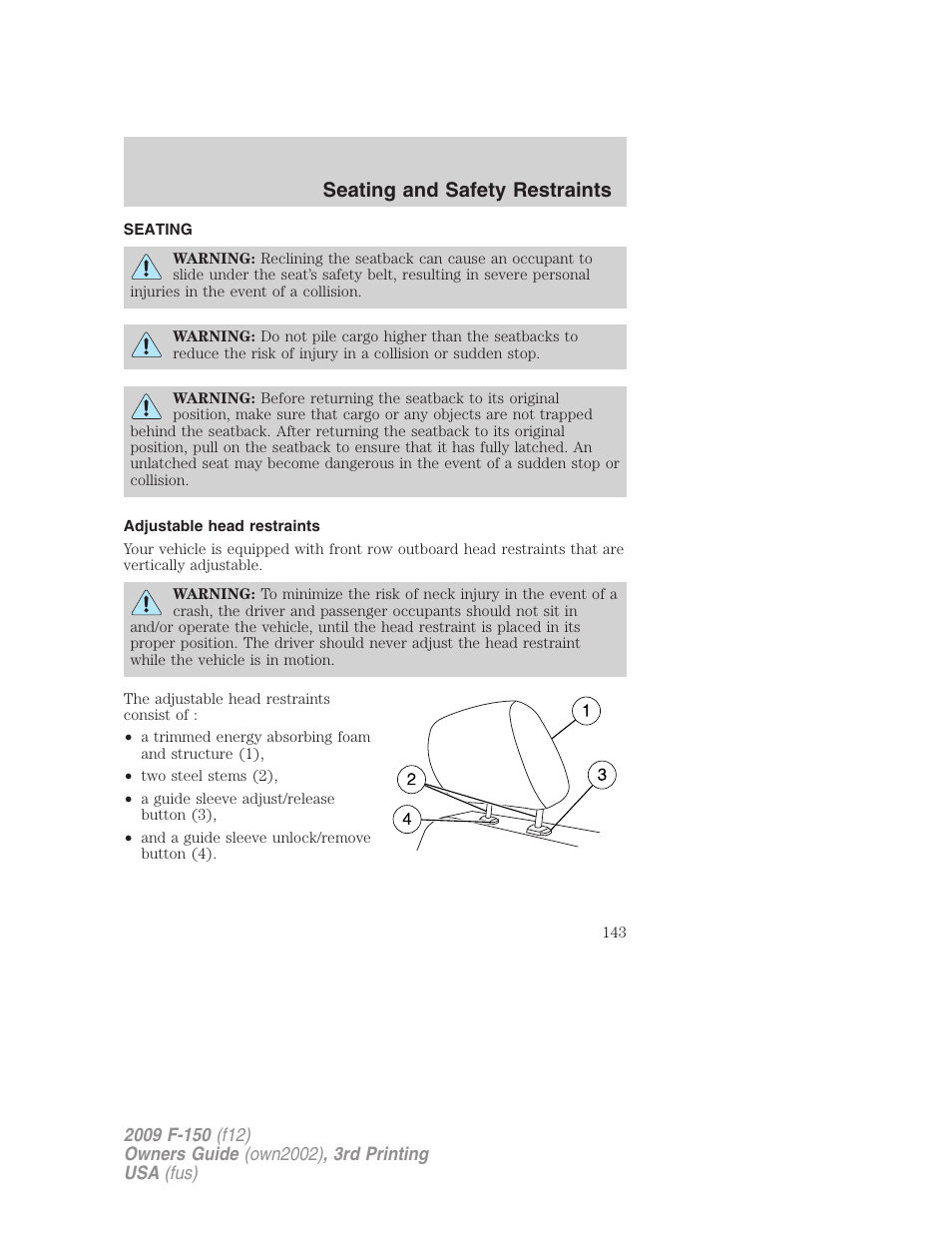 Seating and safety restraints, Seating, Adjustable head restraints | FORD 2009 F-150 v.3 User Manual | Page 143 / 409