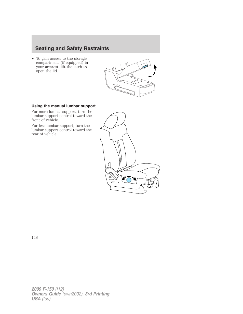 Using the manual lumbar support, Seating and safety restraints | FORD 2009 F-150 v.3 User Manual | Page 148 / 409