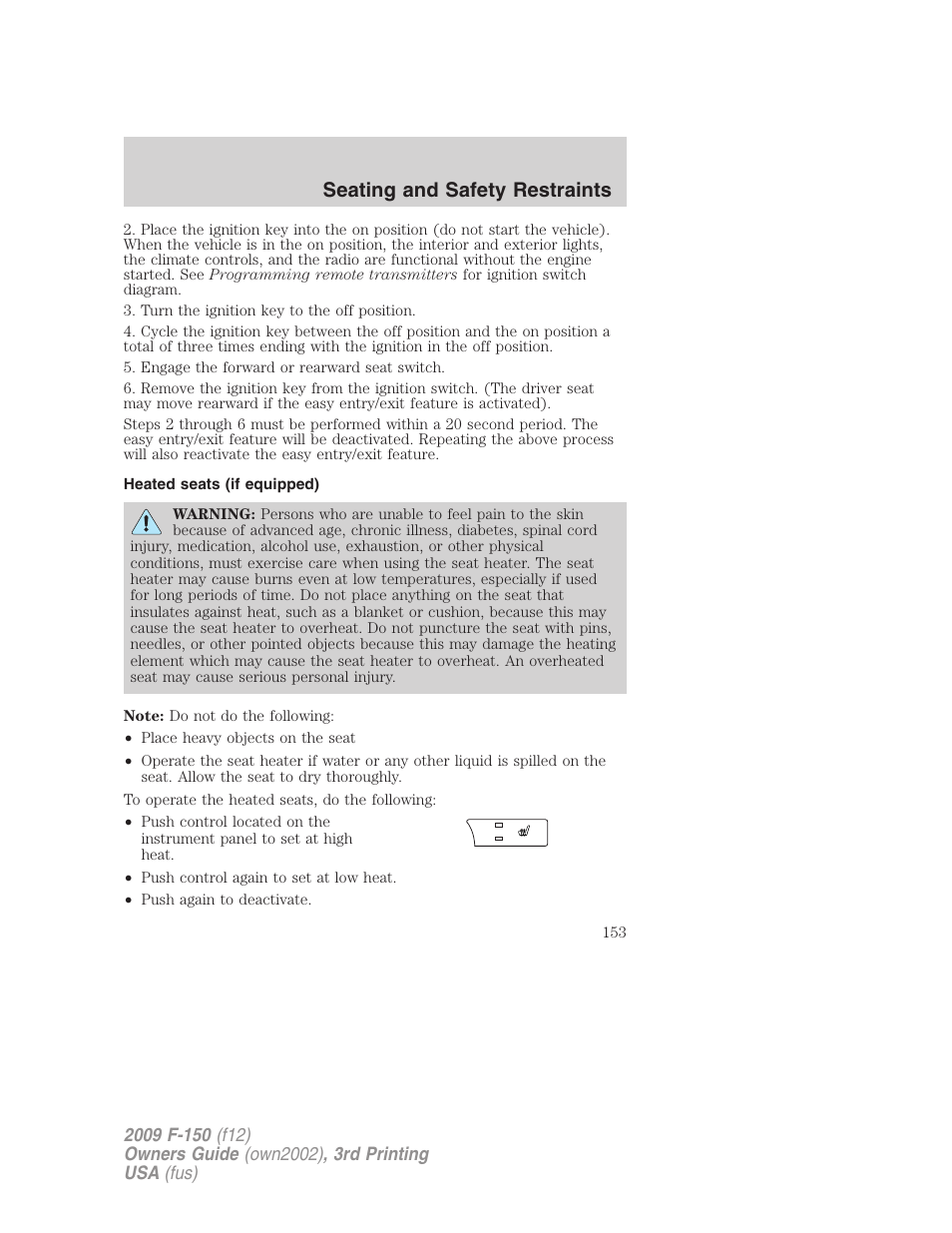 Heated seats (if equipped), Seating and safety restraints | FORD 2009 F-150 v.3 User Manual | Page 153 / 409