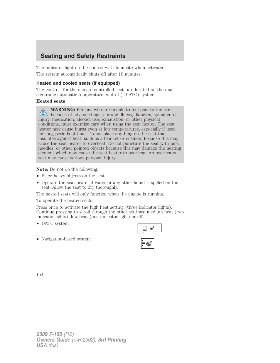 Heated and cooled seats (if equipped), Seating and safety restraints | FORD 2009 F-150 v.3 User Manual | Page 154 / 409