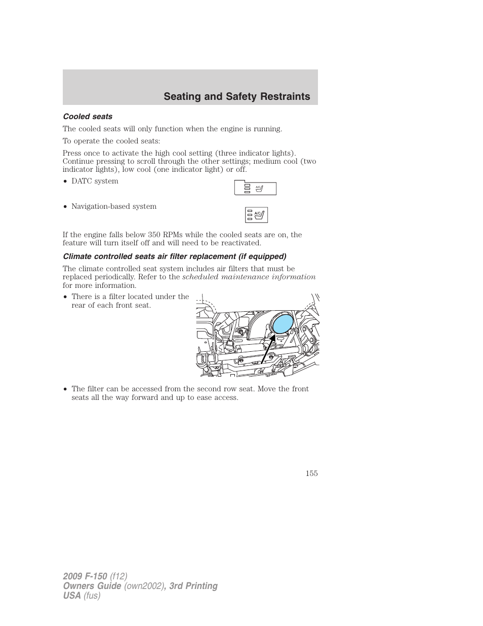 Cooled seats, Seating and safety restraints | FORD 2009 F-150 v.3 User Manual | Page 155 / 409