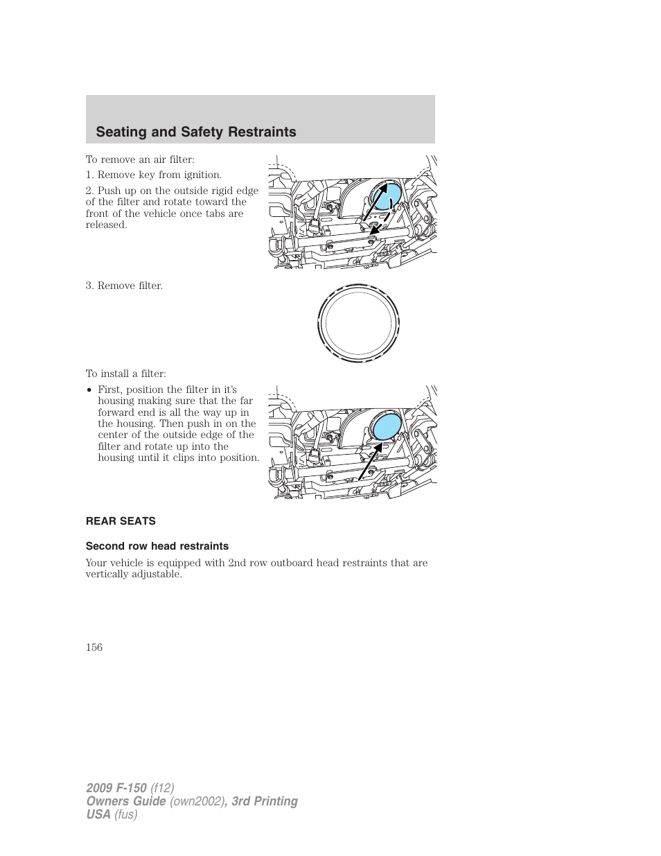 Rear seats, Second row head restraints, Seating and safety restraints | FORD 2009 F-150 v.3 User Manual | Page 156 / 409