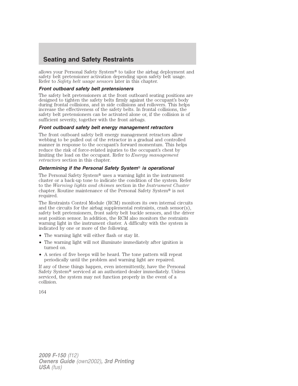 Front outboard safety belt pretensioners, Seating and safety restraints | FORD 2009 F-150 v.3 User Manual | Page 164 / 409