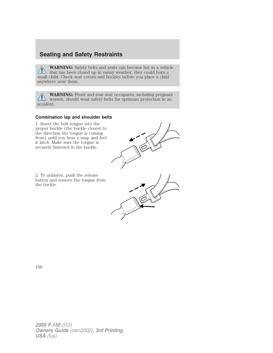 Combination lap and shoulder belts, Seating and safety restraints | FORD 2009 F-150 v.3 User Manual | Page 166 / 409