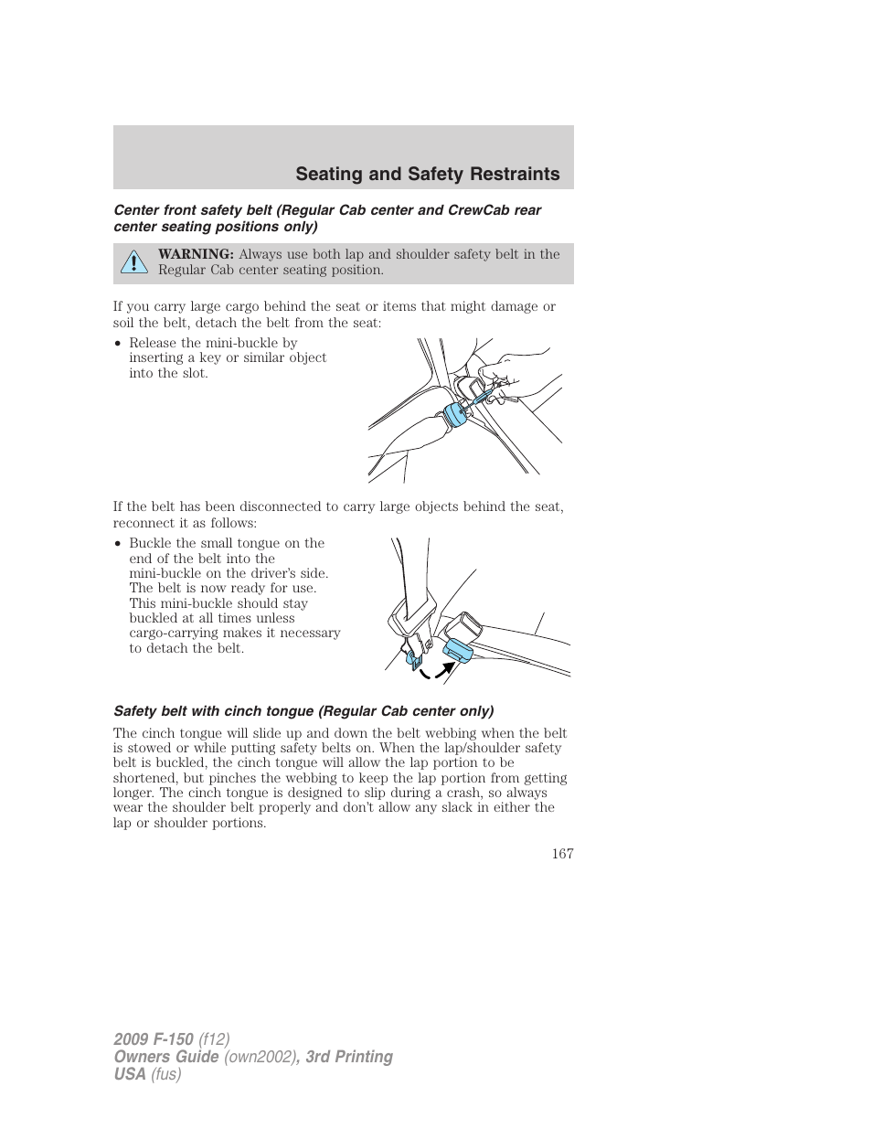 Seating and safety restraints | FORD 2009 F-150 v.3 User Manual | Page 167 / 409