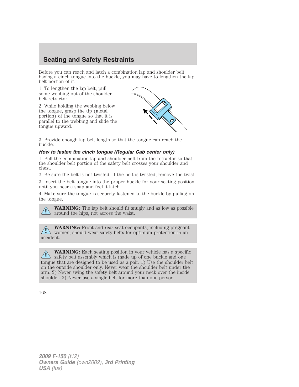 Seating and safety restraints | FORD 2009 F-150 v.3 User Manual | Page 168 / 409