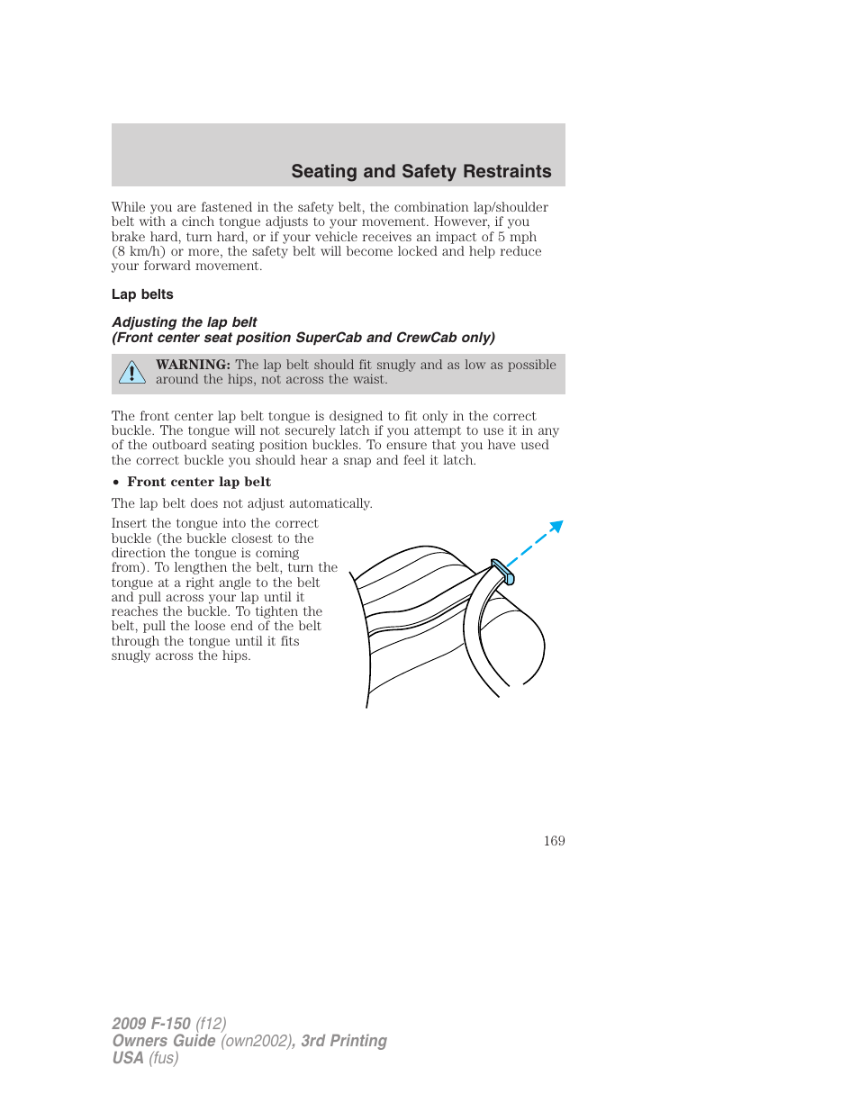 Lap belts, Seating and safety restraints | FORD 2009 F-150 v.3 User Manual | Page 169 / 409