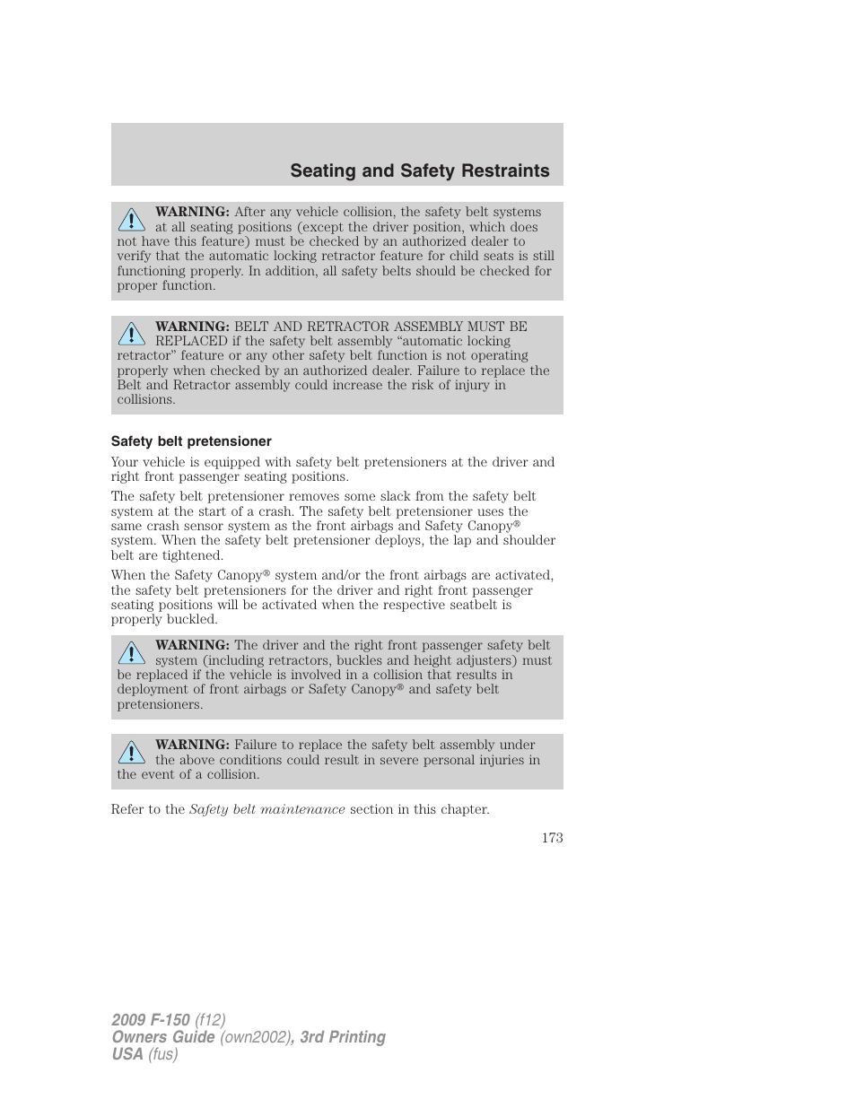 Safety belt pretensioner, Seating and safety restraints | FORD 2009 F-150 v.3 User Manual | Page 173 / 409