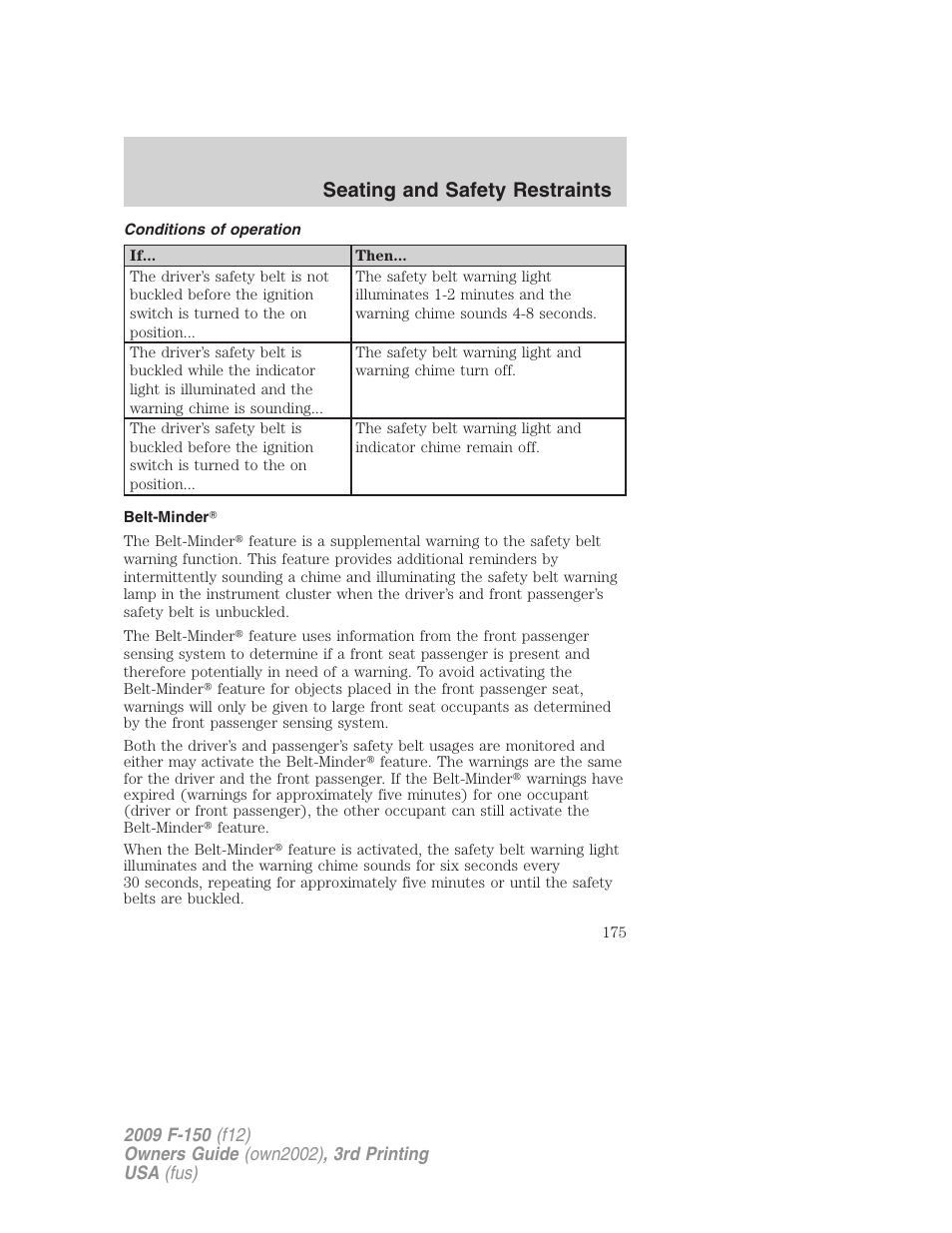 Conditions of operation, Belt-minder, Seating and safety restraints | FORD 2009 F-150 v.3 User Manual | Page 175 / 409