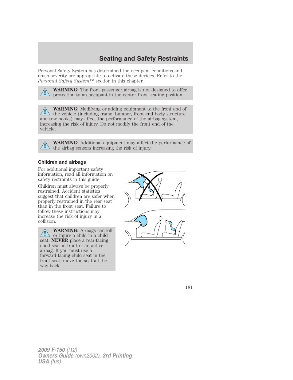 Children and airbags, Seating and safety restraints | FORD 2009 F-150 v.3 User Manual | Page 181 / 409