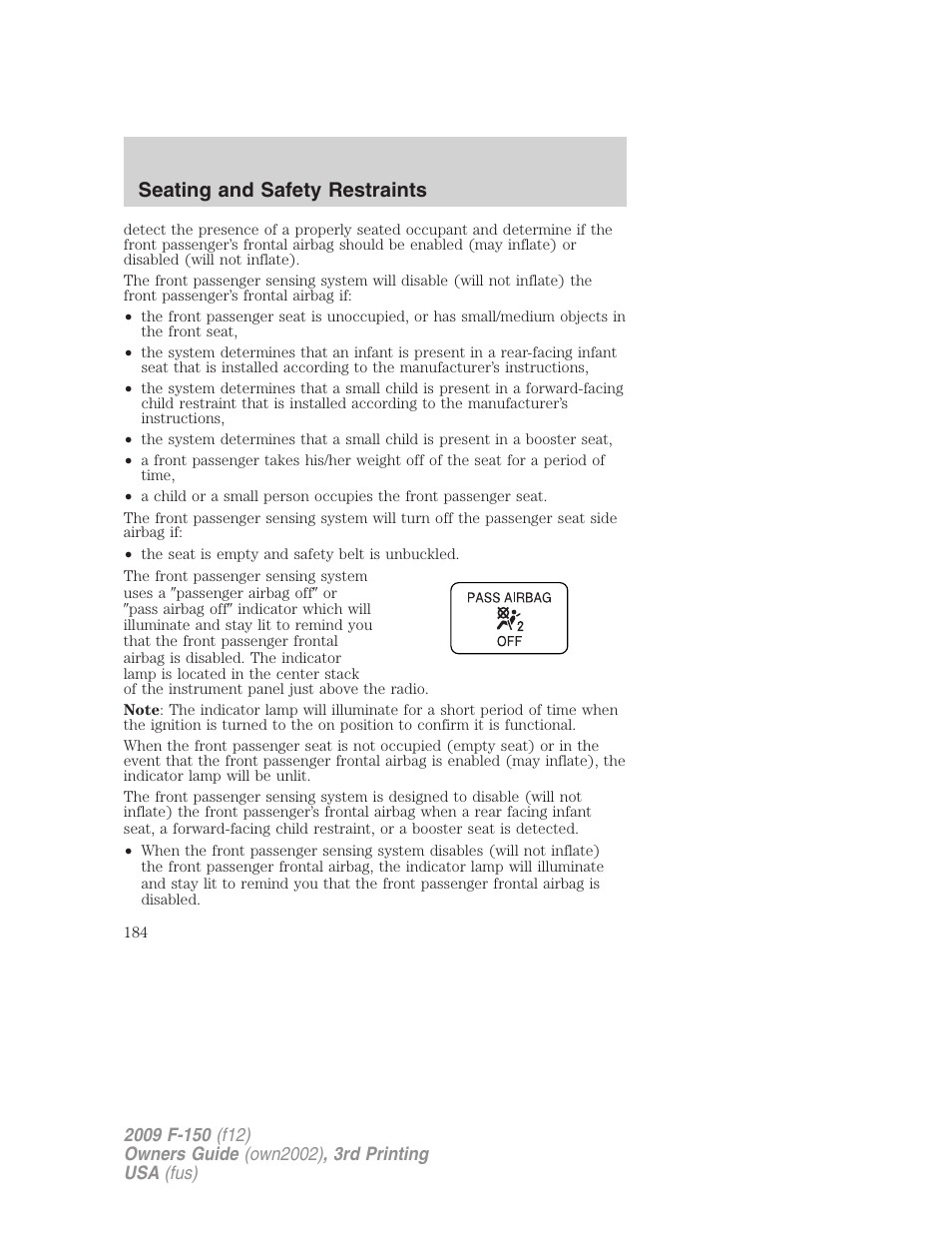 Seating and safety restraints | FORD 2009 F-150 v.3 User Manual | Page 184 / 409