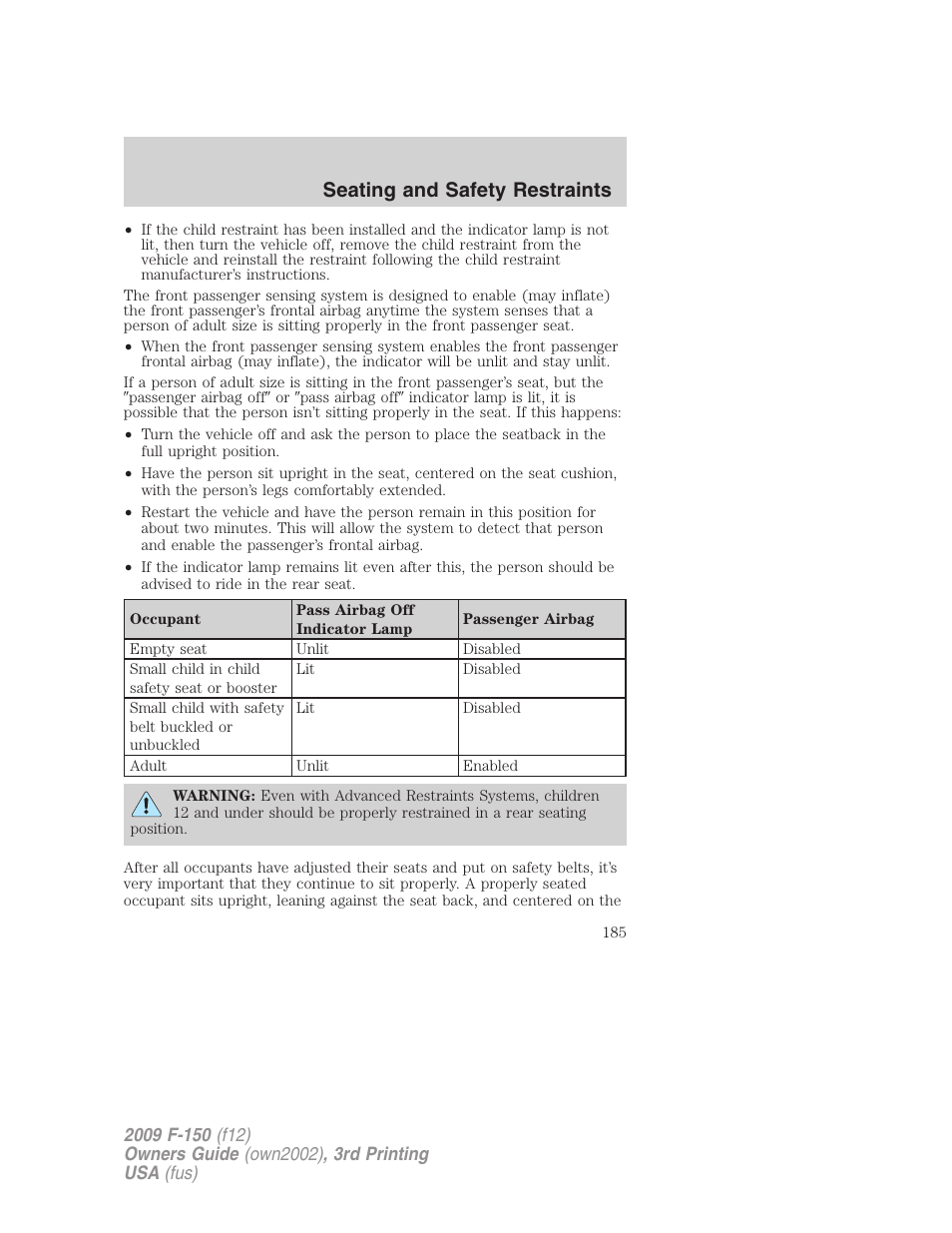 Seating and safety restraints | FORD 2009 F-150 v.3 User Manual | Page 185 / 409