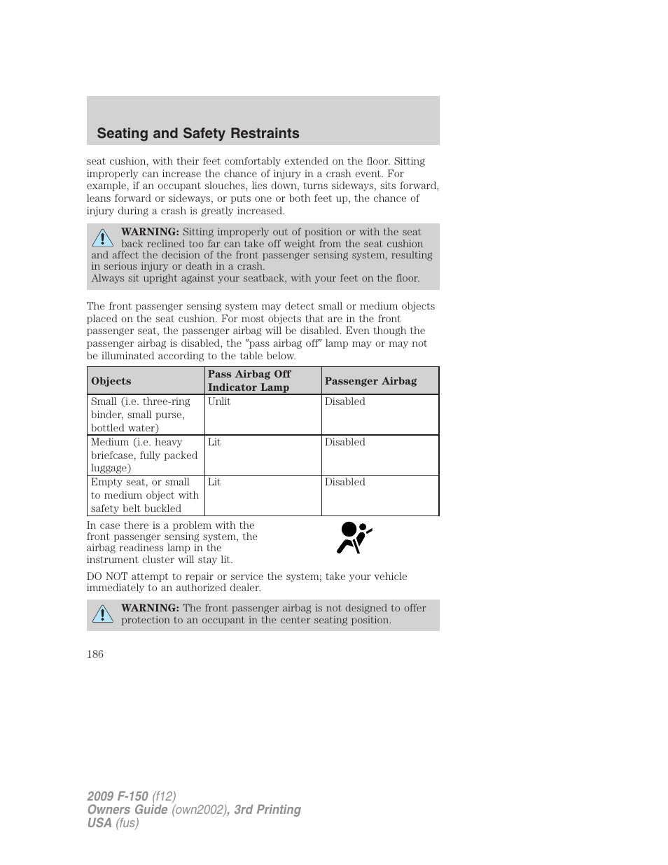 Seating and safety restraints | FORD 2009 F-150 v.3 User Manual | Page 186 / 409