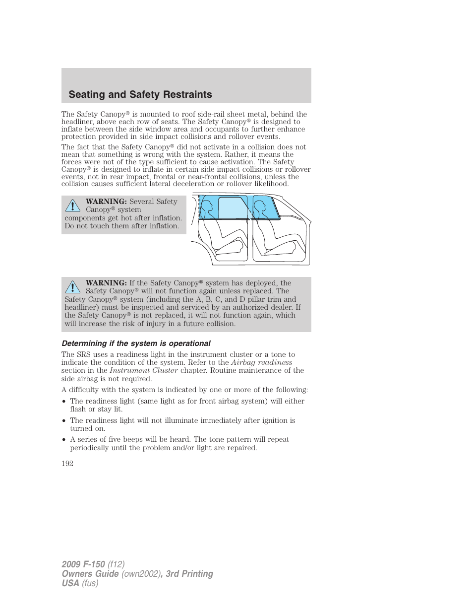 Determining if the system is operational, Seating and safety restraints | FORD 2009 F-150 v.3 User Manual | Page 192 / 409