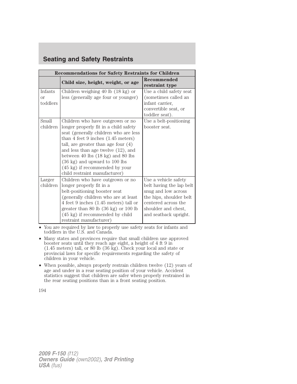 Seating and safety restraints | FORD 2009 F-150 v.3 User Manual | Page 194 / 409