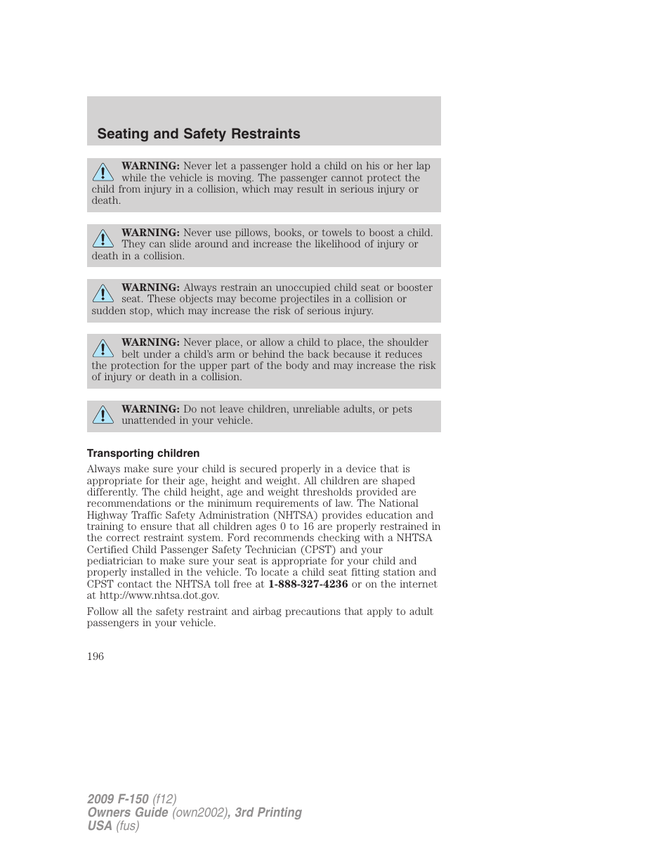 Transporting children, Seating and safety restraints | FORD 2009 F-150 v.3 User Manual | Page 196 / 409