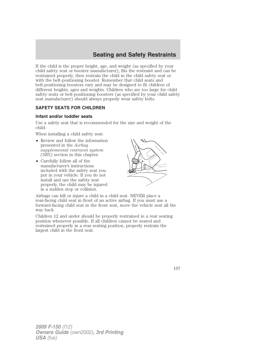 Safety seats for children, Infant and/or toddler seats, Seating and safety restraints | FORD 2009 F-150 v.3 User Manual | Page 197 / 409