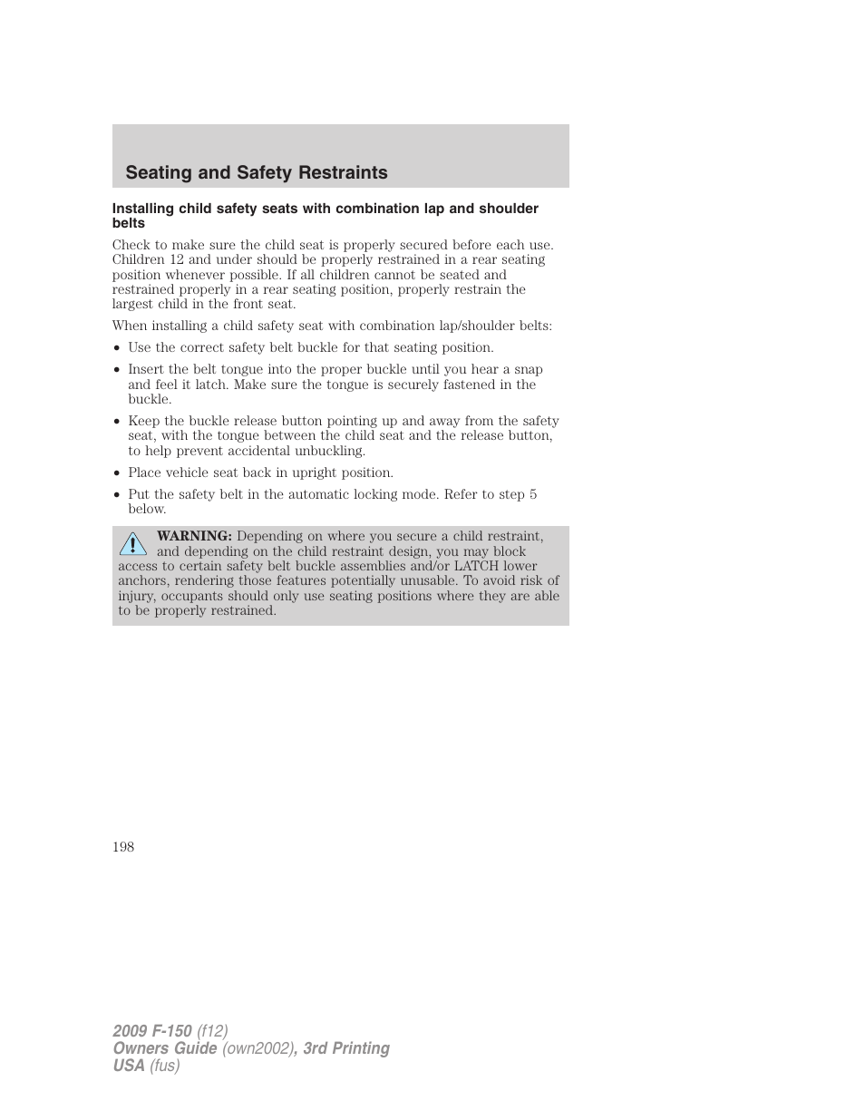Seating and safety restraints | FORD 2009 F-150 v.3 User Manual | Page 198 / 409