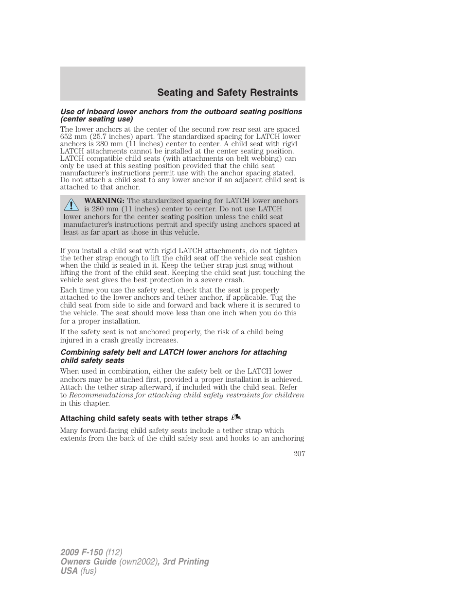 Attaching child safety seats with tether straps, Seating and safety restraints | FORD 2009 F-150 v.3 User Manual | Page 207 / 409