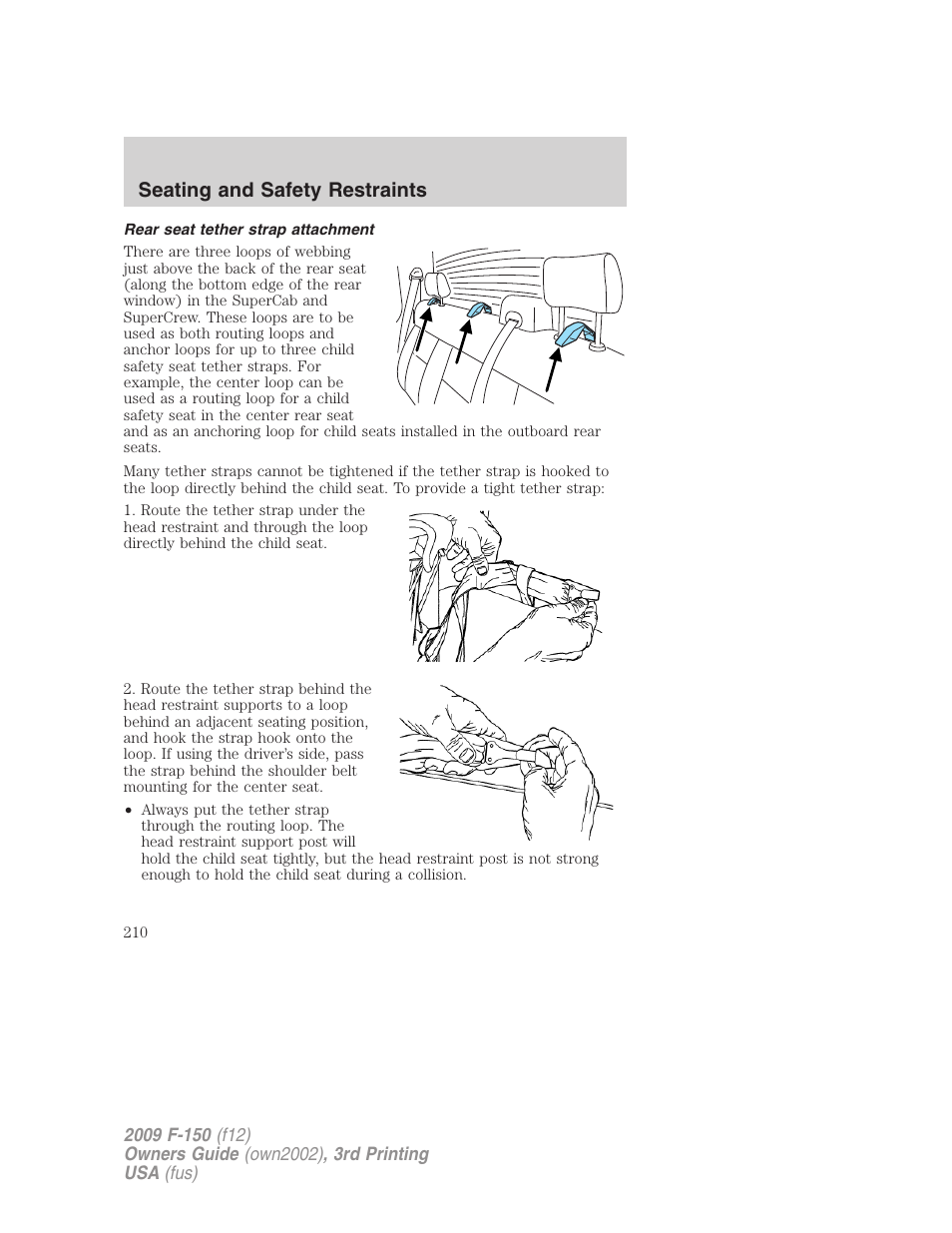 Rear seat tether strap attachment, Seating and safety restraints | FORD 2009 F-150 v.3 User Manual | Page 210 / 409