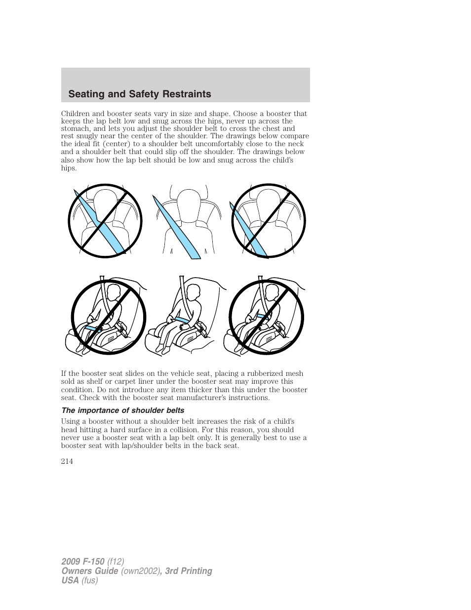 The importance of shoulder belts, Seating and safety restraints | FORD 2009 F-150 v.3 User Manual | Page 214 / 409