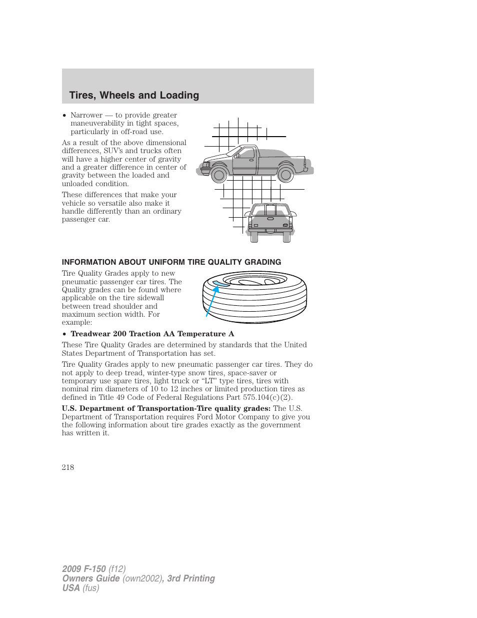 Information about uniform tire quality grading, Tire information, Tires, wheels and loading | FORD 2009 F-150 v.3 User Manual | Page 218 / 409