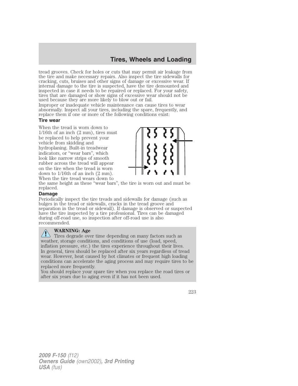 Tire wear, Damage, Tires, wheels and loading | FORD 2009 F-150 v.3 User Manual | Page 223 / 409
