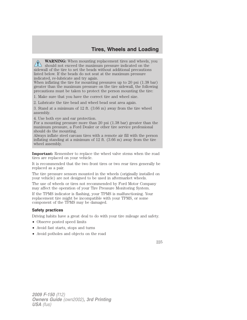 Safety practices, Tires, wheels and loading | FORD 2009 F-150 v.3 User Manual | Page 225 / 409
