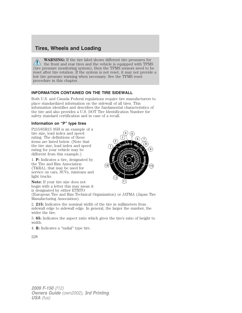 Information contained on the tire sidewall, Information on “p” type tires, Tires, wheels and loading | FORD 2009 F-150 v.3 User Manual | Page 228 / 409