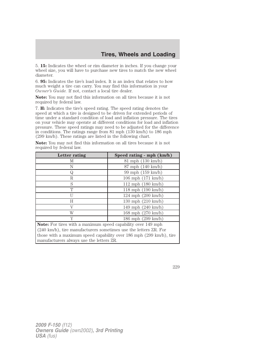 Tires, wheels and loading | FORD 2009 F-150 v.3 User Manual | Page 229 / 409