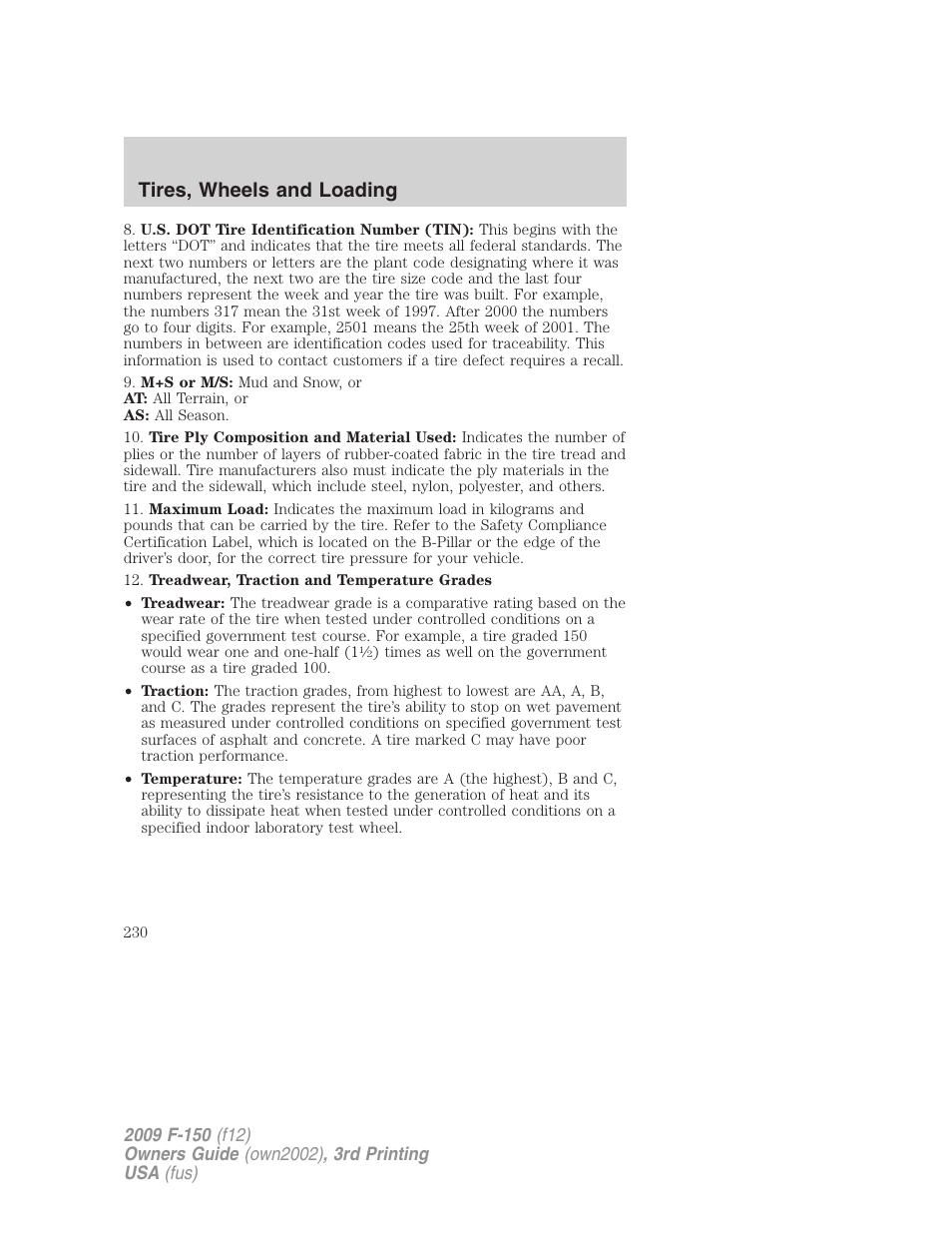 Tires, wheels and loading | FORD 2009 F-150 v.3 User Manual | Page 230 / 409