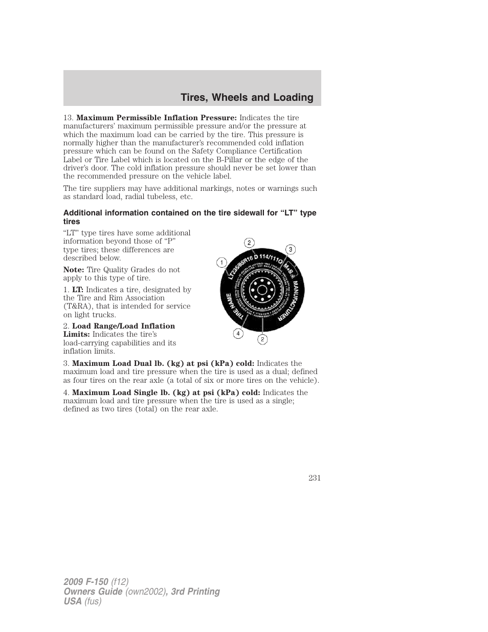 Tires, wheels and loading | FORD 2009 F-150 v.3 User Manual | Page 231 / 409