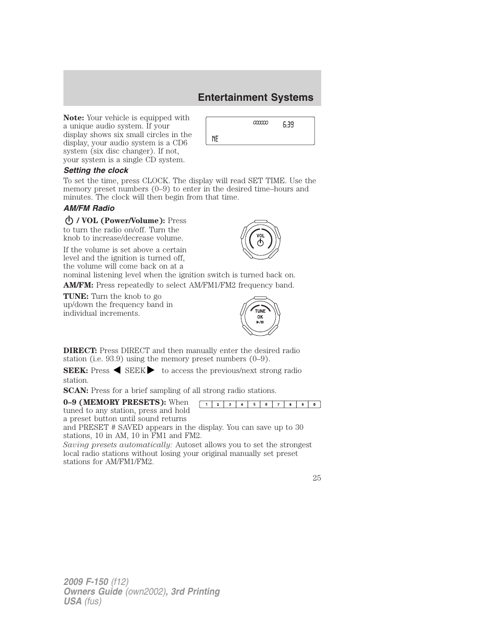 Setting the clock, Am/fm radio, Entertainment systems | FORD 2009 F-150 v.3 User Manual | Page 25 / 409