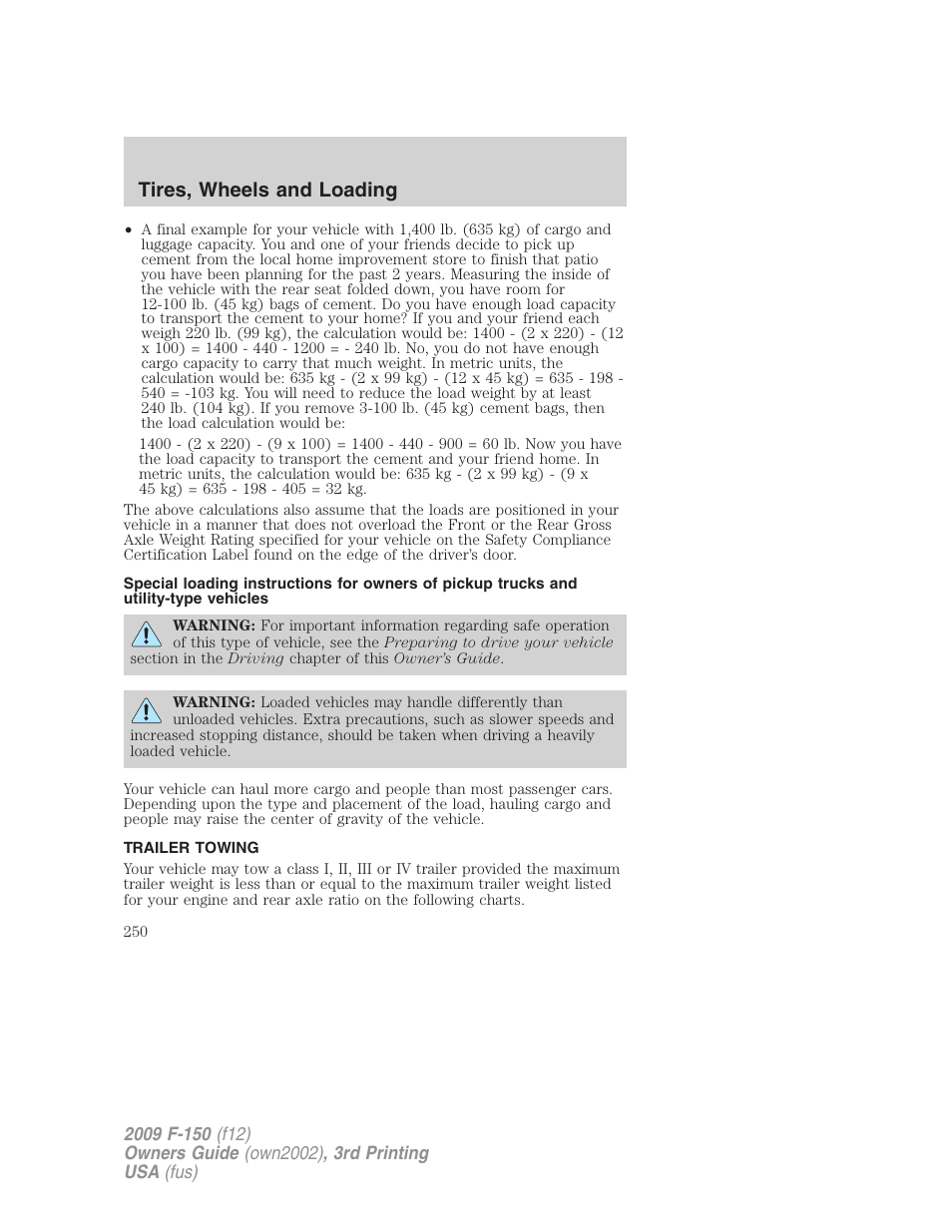 Trailer towing, Tires, wheels and loading | FORD 2009 F-150 v.3 User Manual | Page 250 / 409