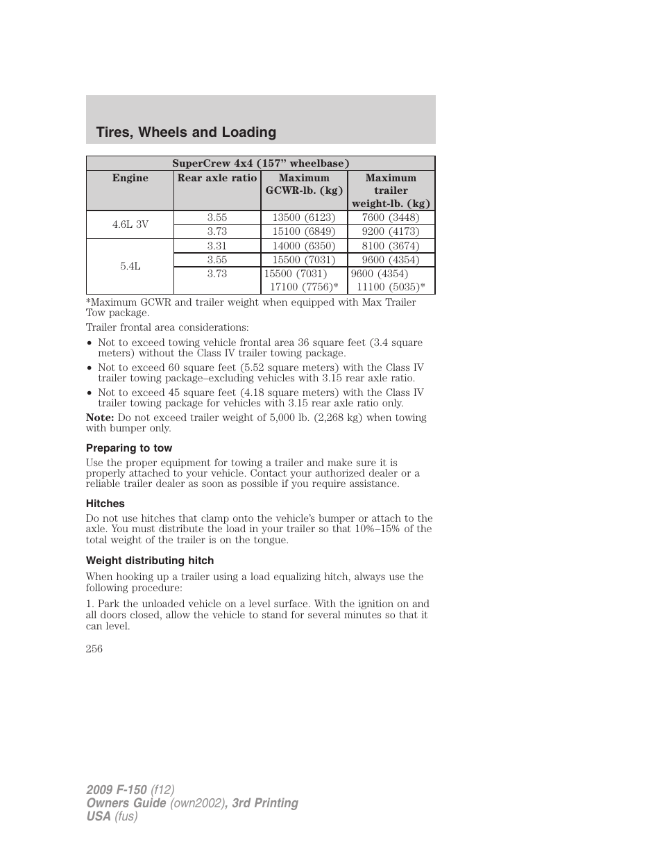 Preparing to tow, Hitches, Weight distributing hitch | Tires, wheels and loading | FORD 2009 F-150 v.3 User Manual | Page 256 / 409