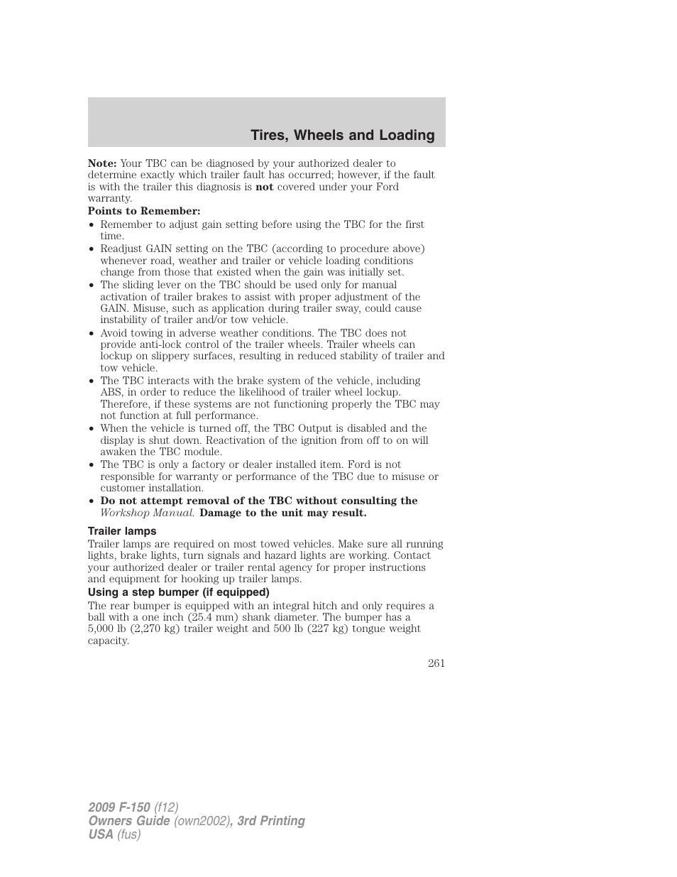 Trailer lamps, Using a step bumper (if equipped), Tires, wheels and loading | FORD 2009 F-150 v.3 User Manual | Page 261 / 409