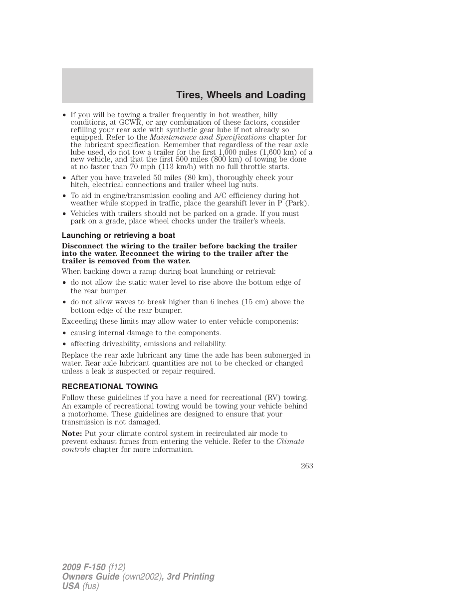 Launching or retrieving a boat, Recreational towing, Tires, wheels and loading | FORD 2009 F-150 v.3 User Manual | Page 263 / 409