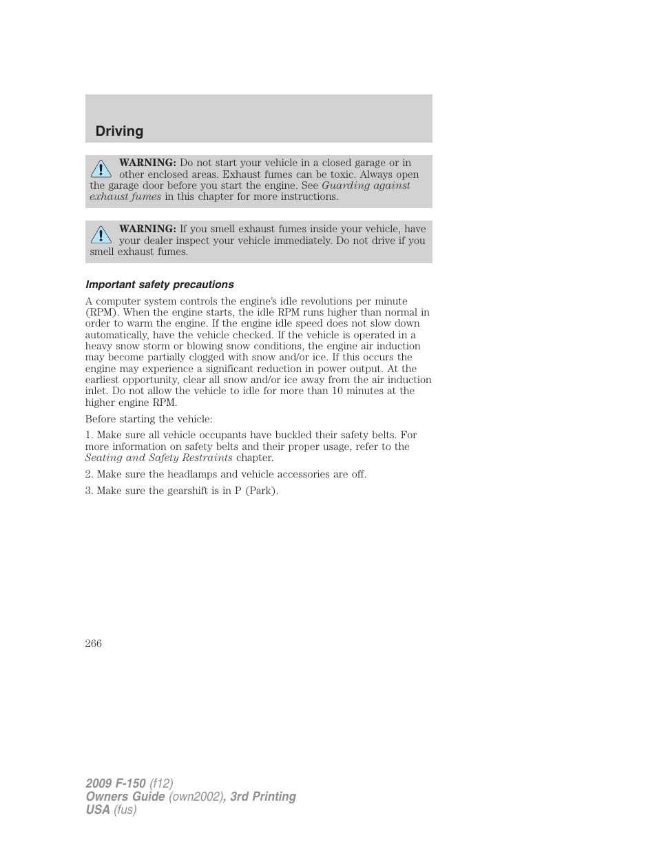 Important safety precautions, Driving | FORD 2009 F-150 v.3 User Manual | Page 266 / 409