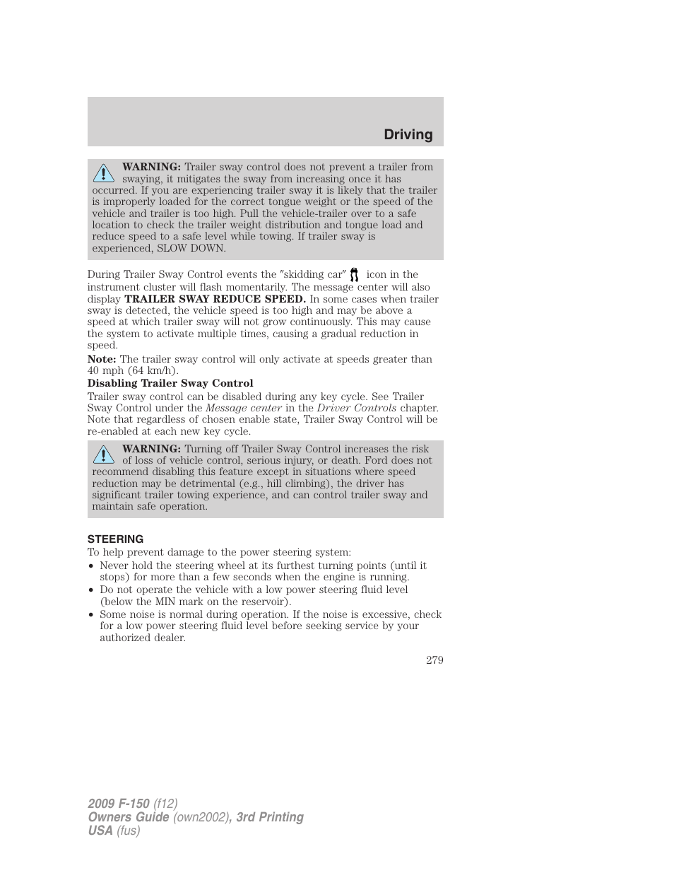 Steering, Driving | FORD 2009 F-150 v.3 User Manual | Page 279 / 409